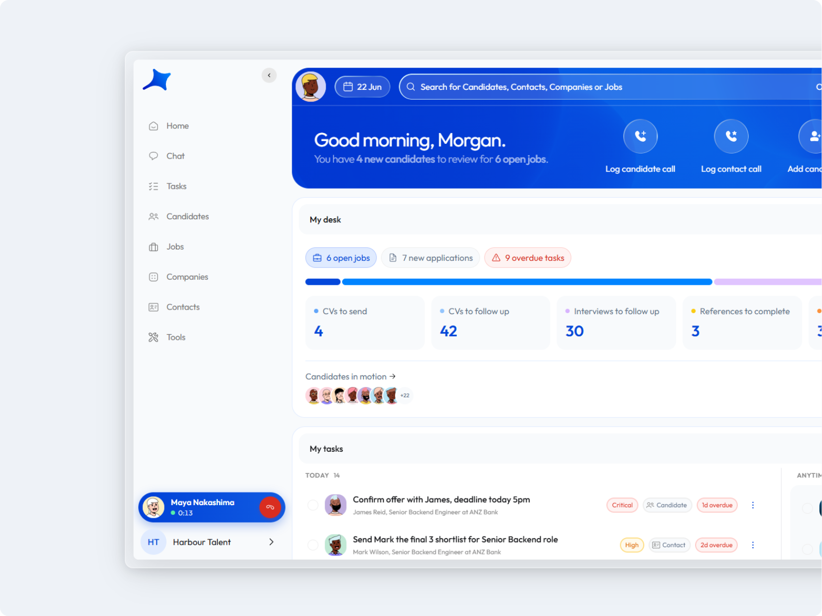 The Caliber recruitment workspace with jobs, candidates and tasks