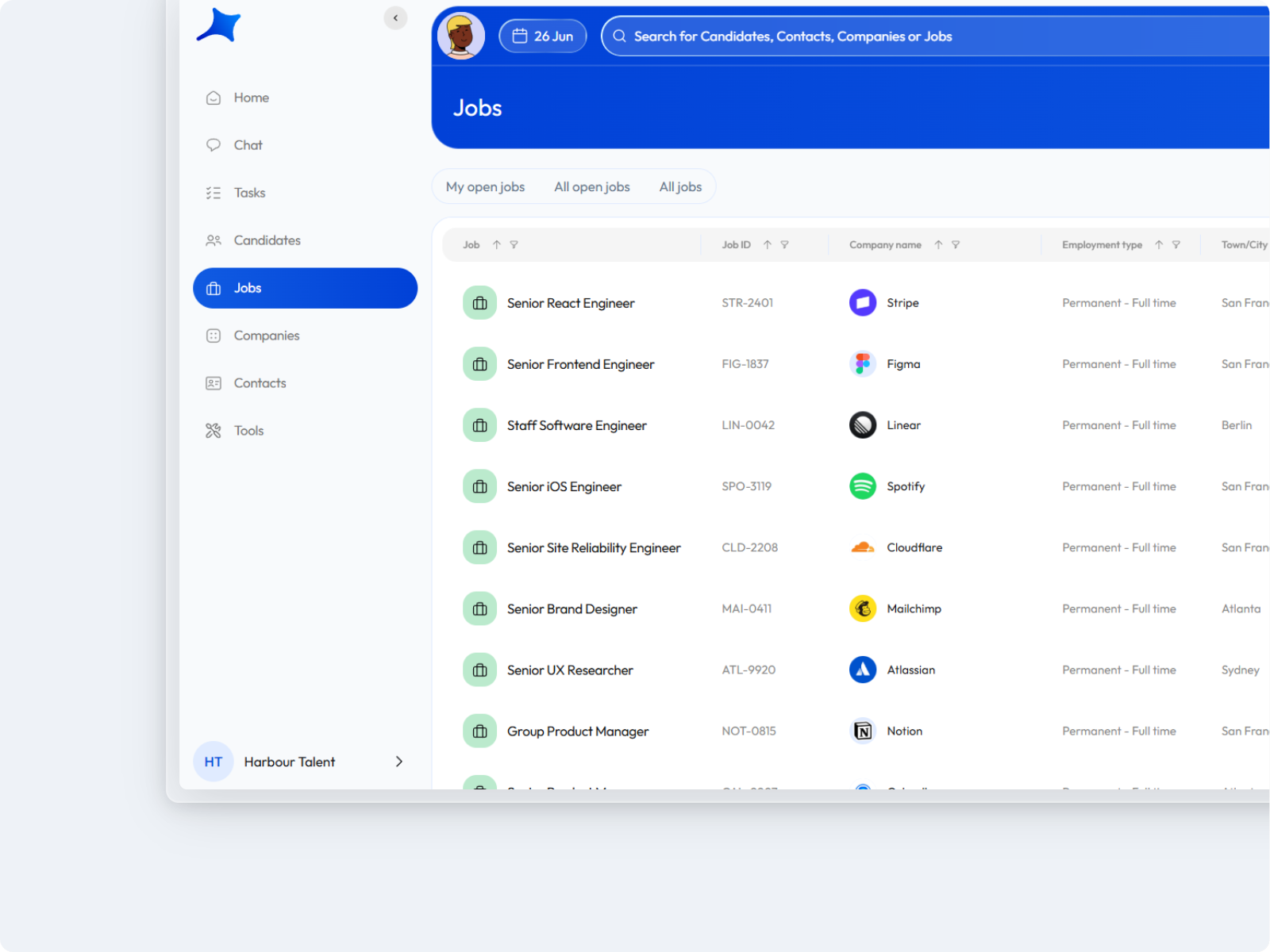 The jobs list with open roles and their clients